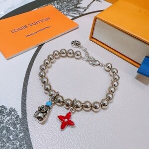 Louis Vuitton Silver Beaded Charm Bracelet with Red Flower and Turquoise Accent